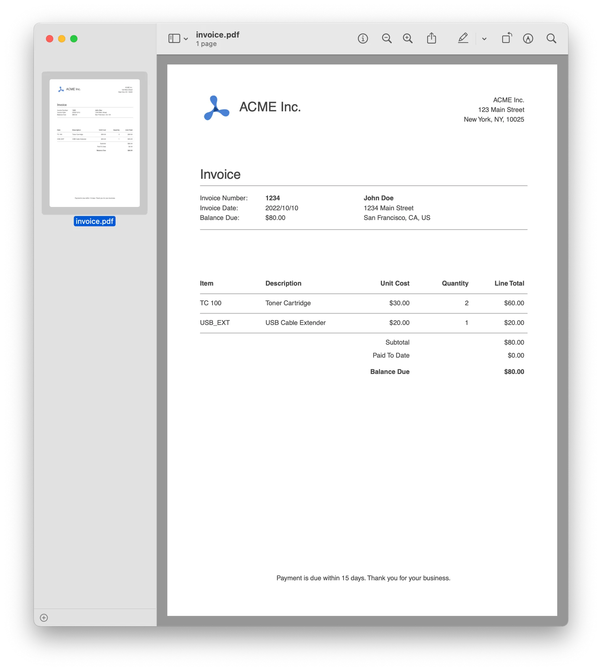 Screenshot of a PDF invoice in the Nutrient Web SDK reader.