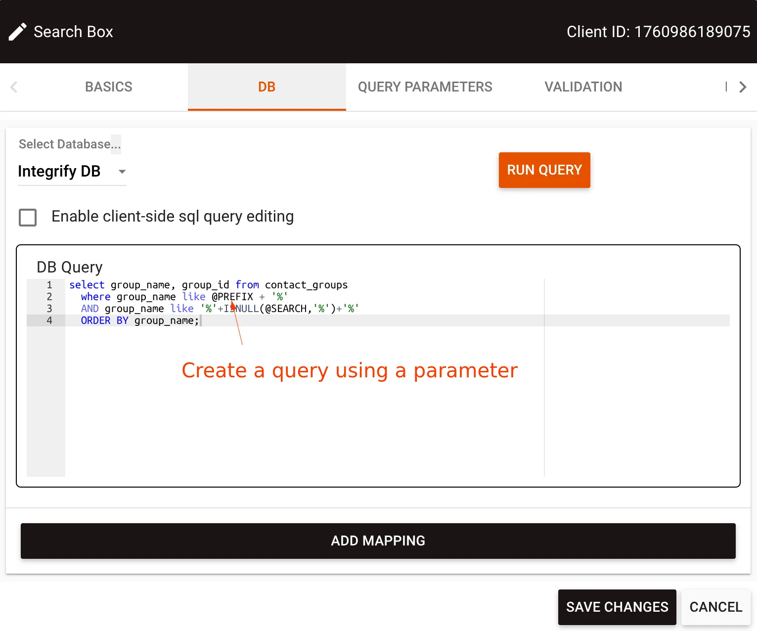 DB menu option with query configuration
