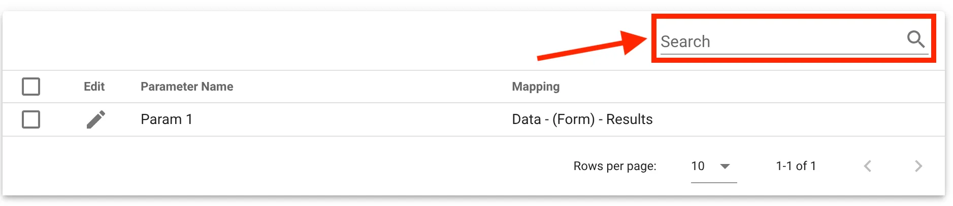 Search field at the top of a configuration table