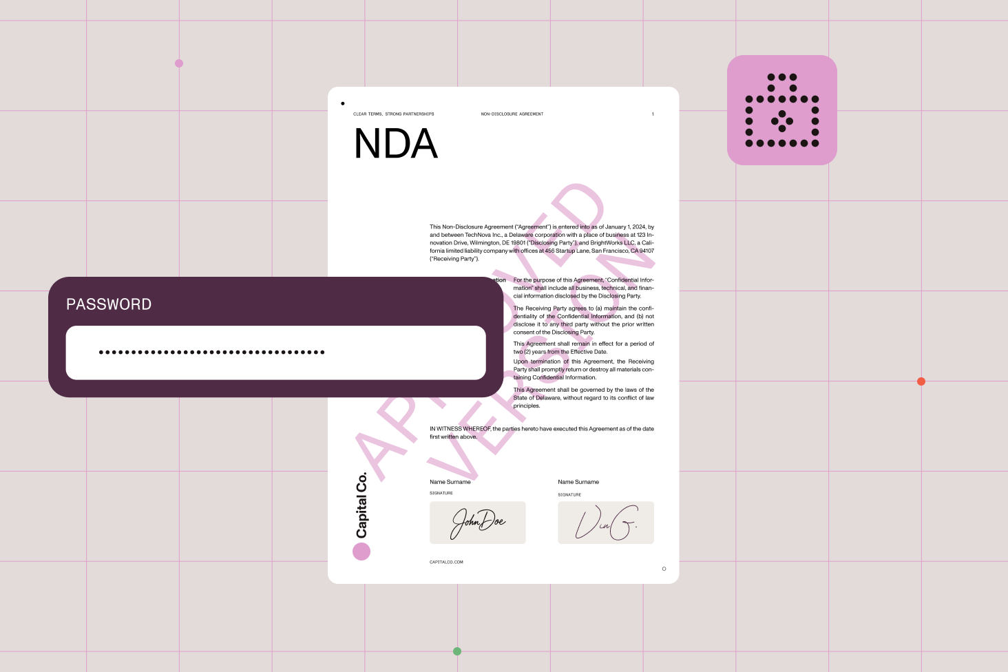 Password-protected NDA document with markdown and electronic signatures