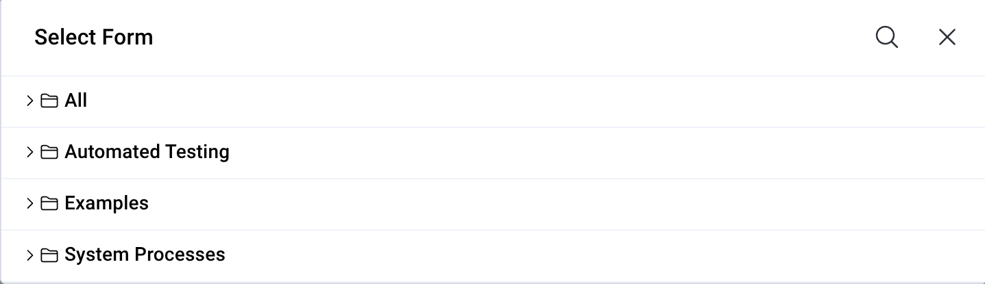 Form selection dialog showing hierarchical form browser with search functionality