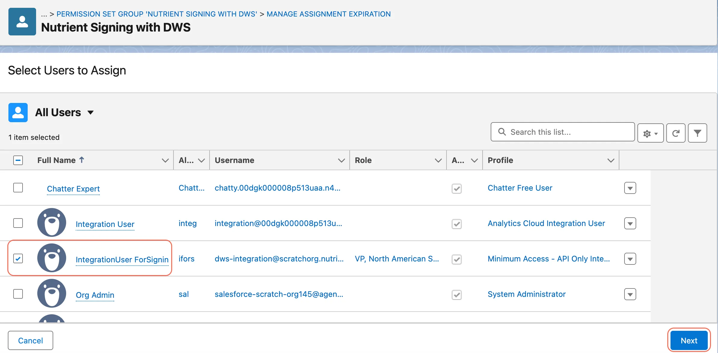 Add Assignment page showing selected users and the Next button