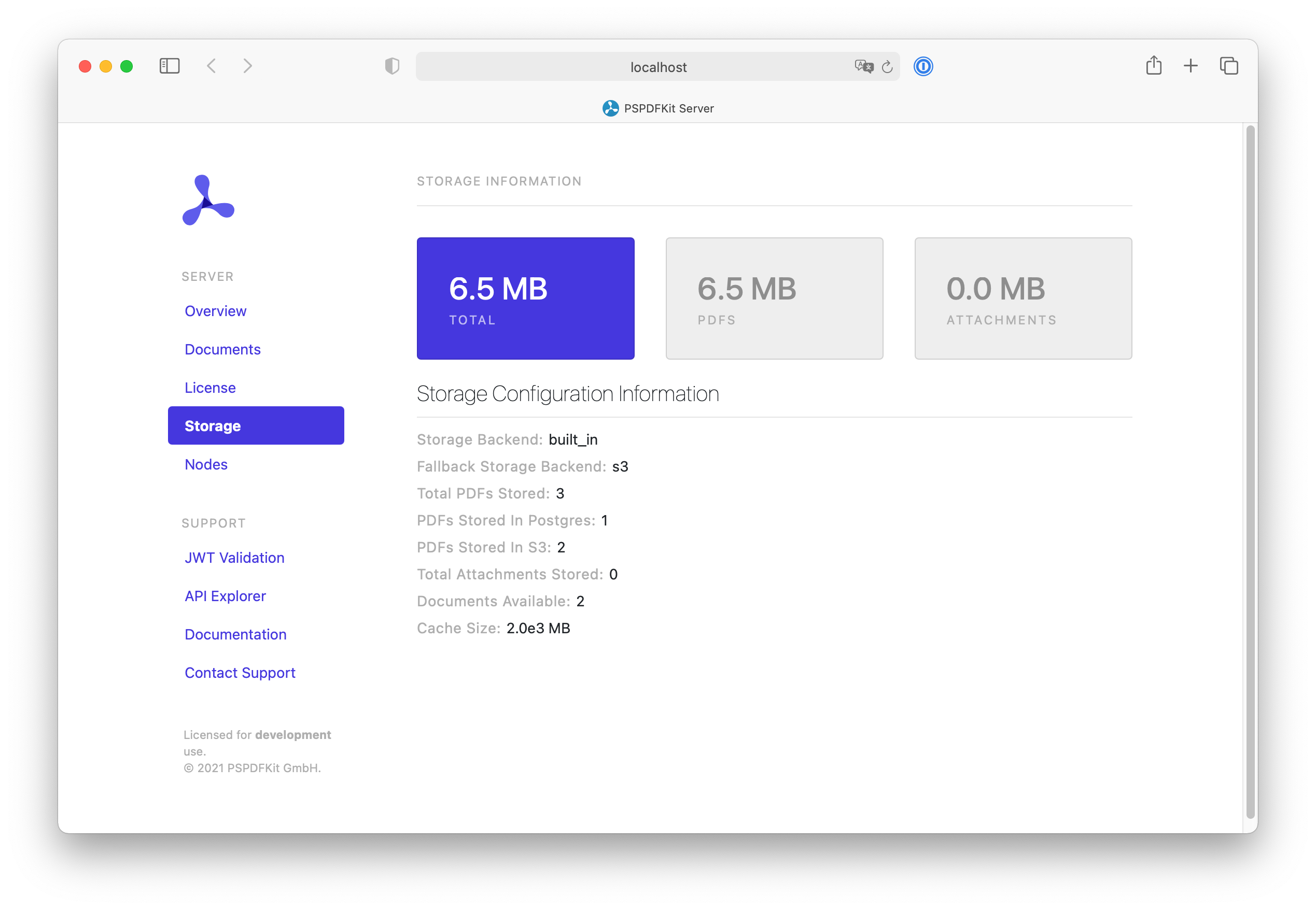 PSPDFKit Server dashboard showing the number of documents in both Postgres and S3 asset storage backends.