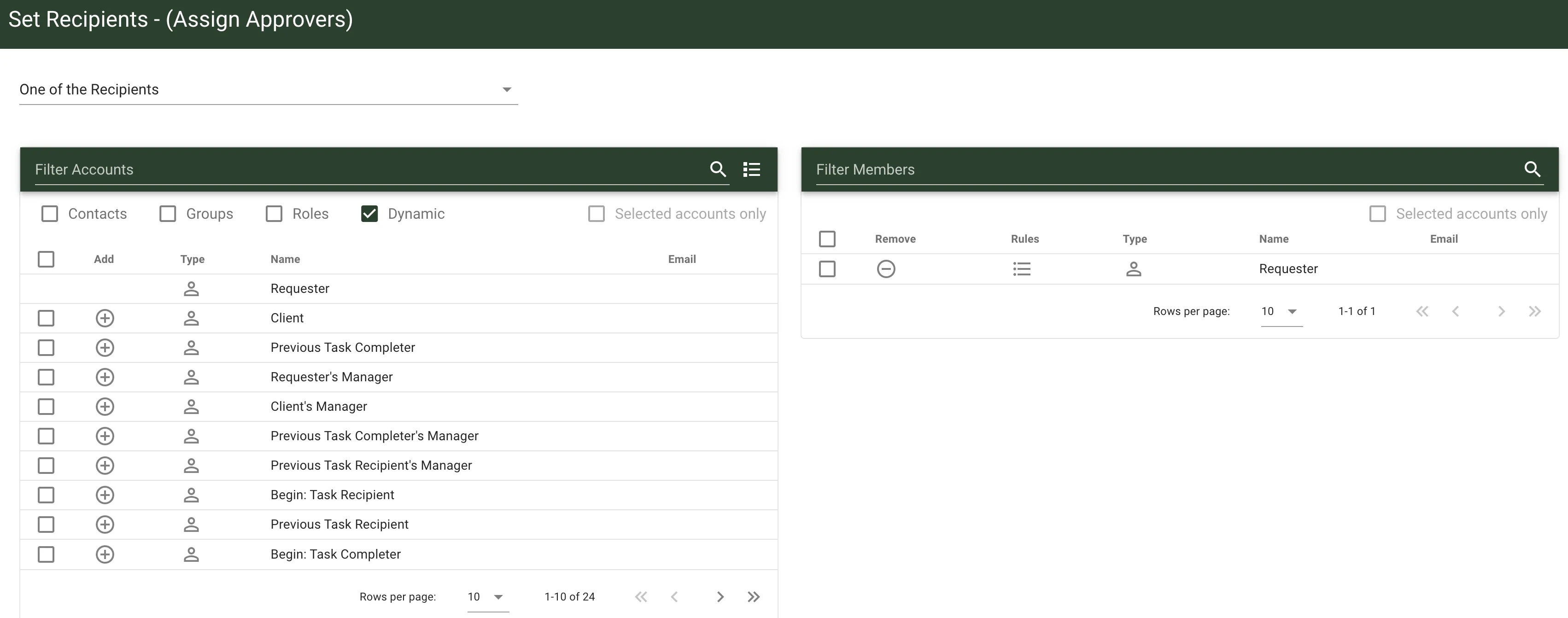 Set Recipients dialog showing selected recipients