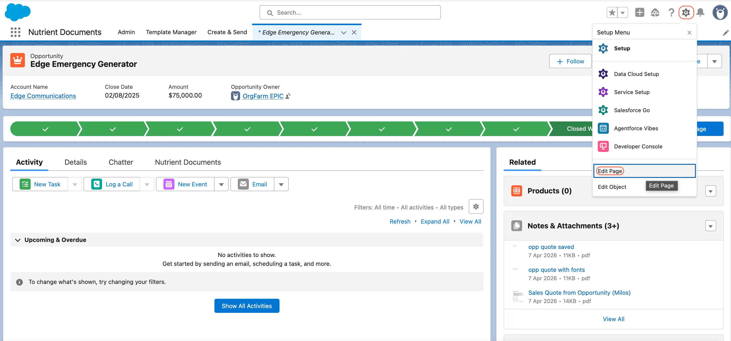 Salesforce record page showing the Settings menu with Edit Page highlighted