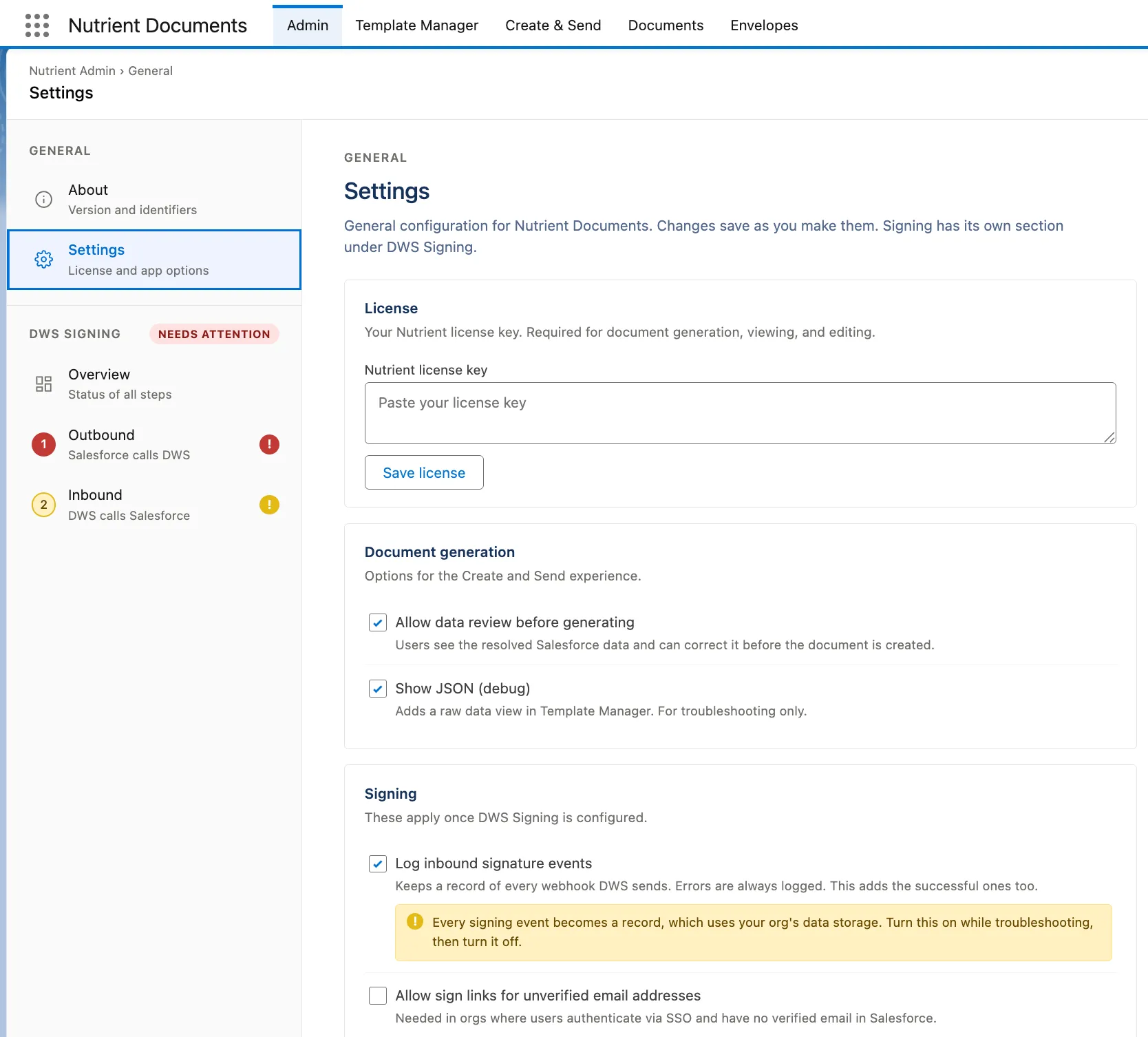 Nutrient Admin General Settings page showing license, document generation, and signing settings