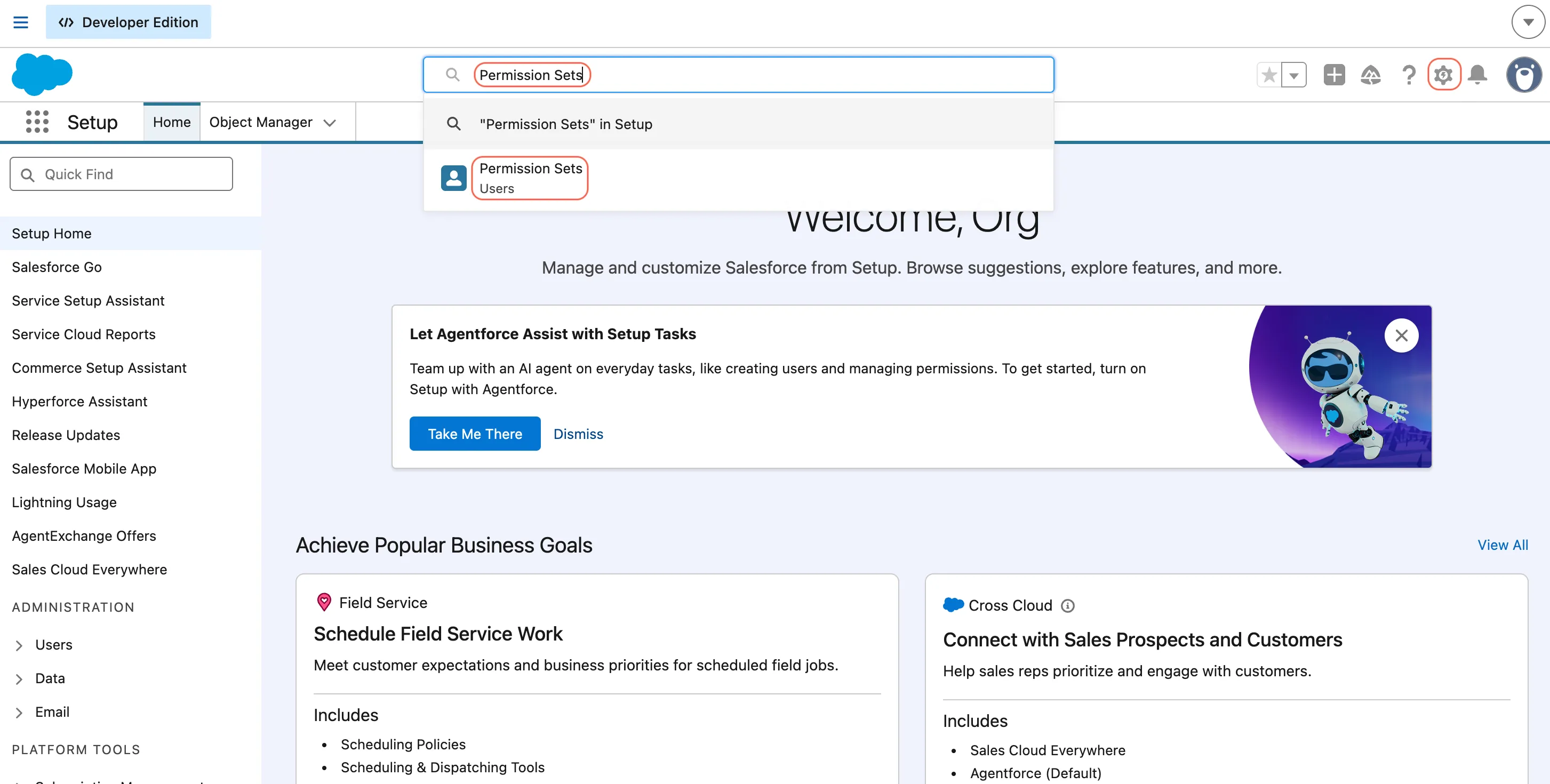 Salesforce Setup showing Permission Sets highlighted in Quick Find