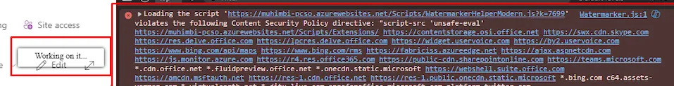Browser developer console showing a CSP script-src violation for the Watermarker script