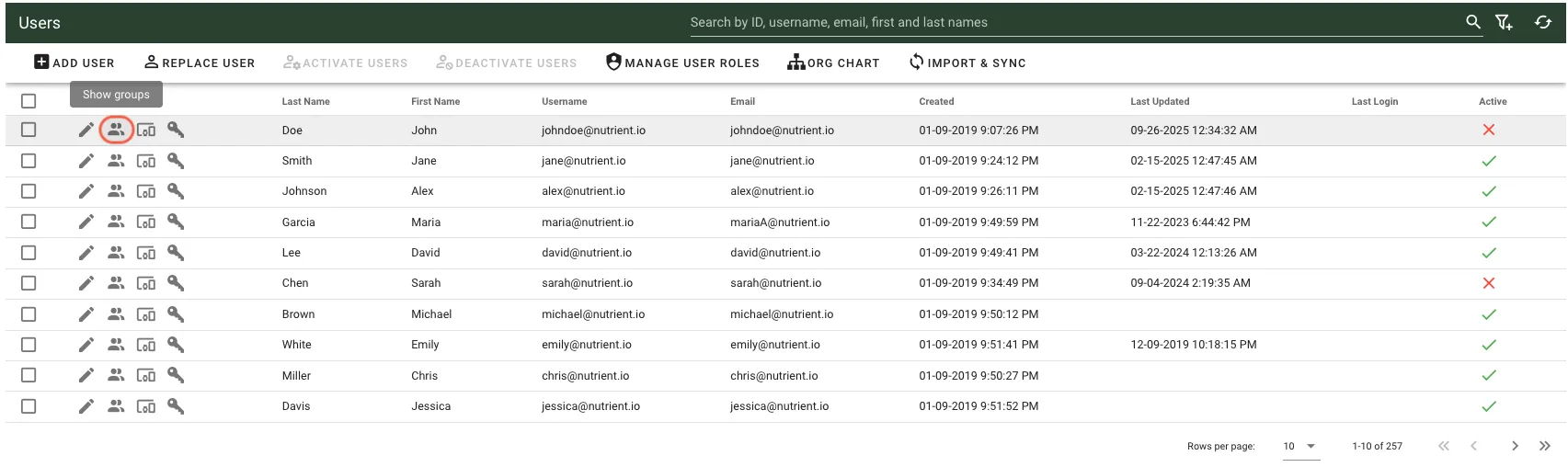 Users list with the Show Groups icon highlighted in the actions column