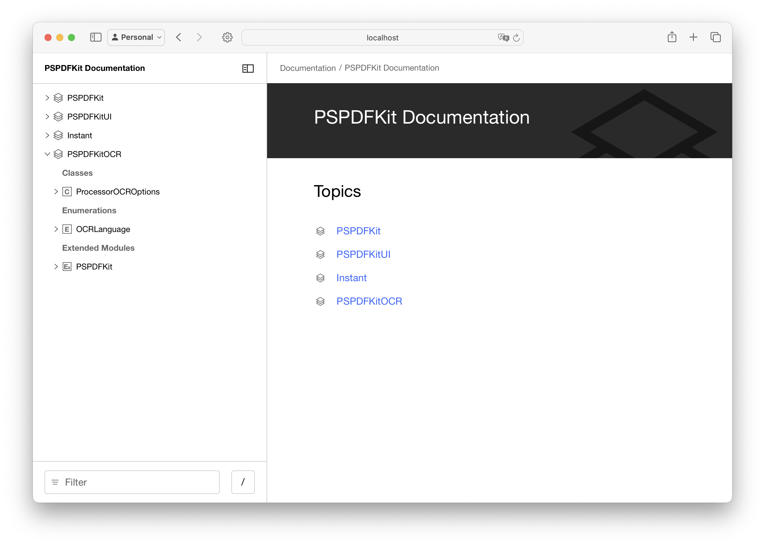 Documentation with a sidebar listing all frameworks