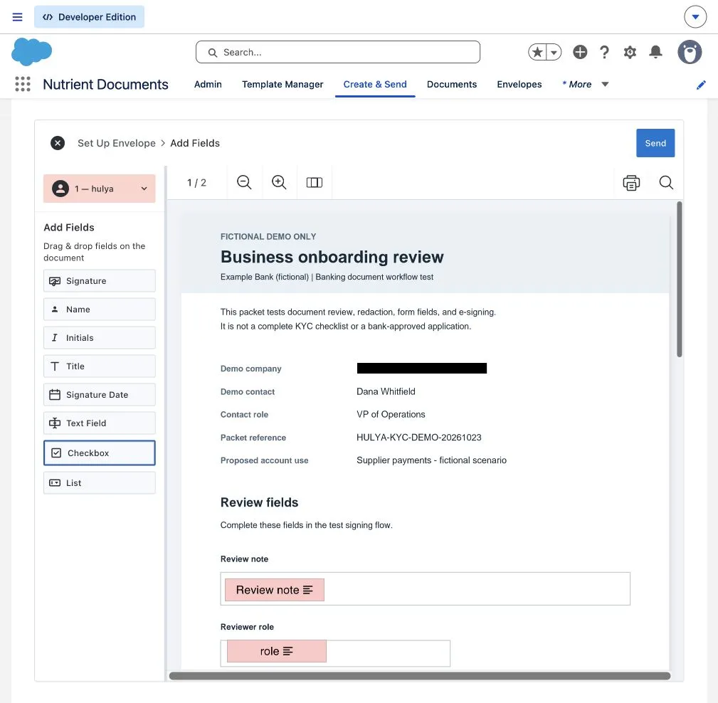 Recipient text fields placed over the review note and reviewer role boxes in the fictional banking packet