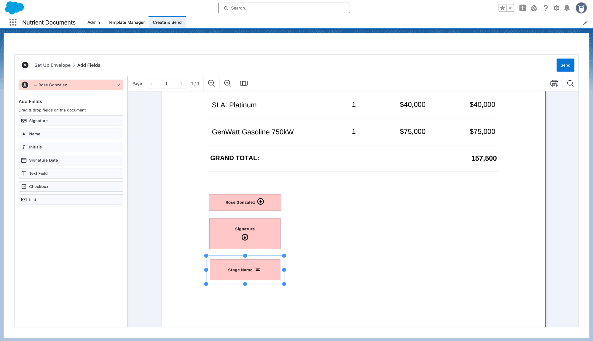 Placing signature fields on the document