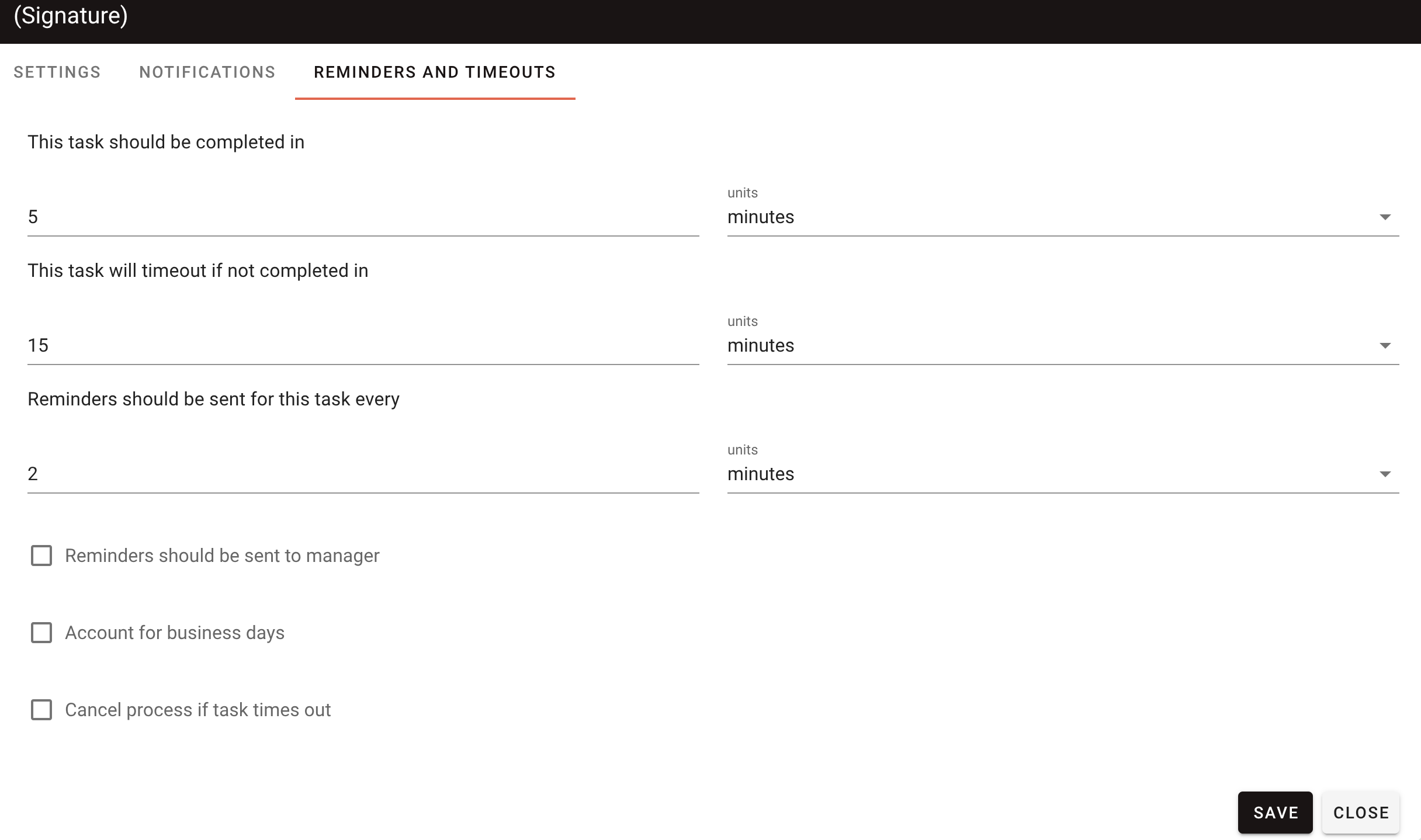 Signer reminder and timeout configuration settings