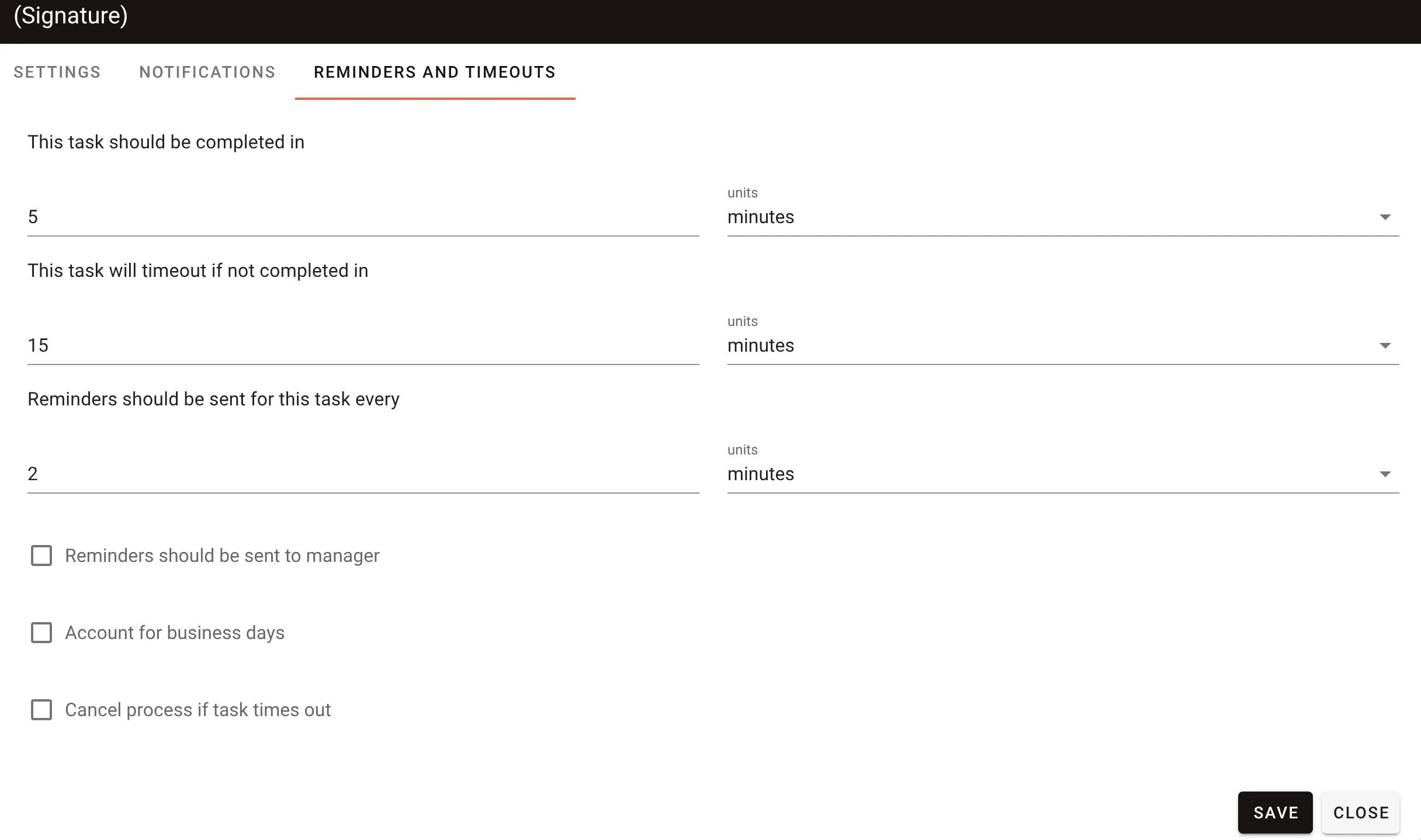 Signer reminder and timeout configuration settings