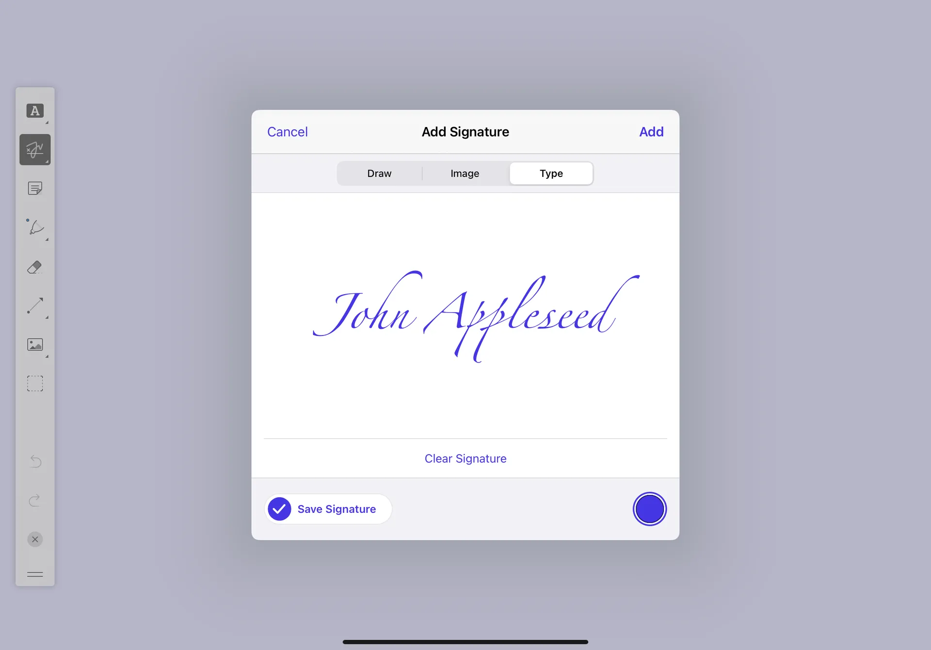 Screenshot of signing UI showing the name John Appleseed in the curly Zapfino font.