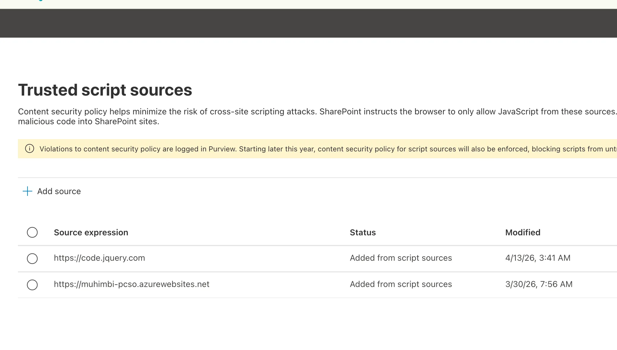 SharePoint Admin Center showing the Script sources page where trusted script sources can be added