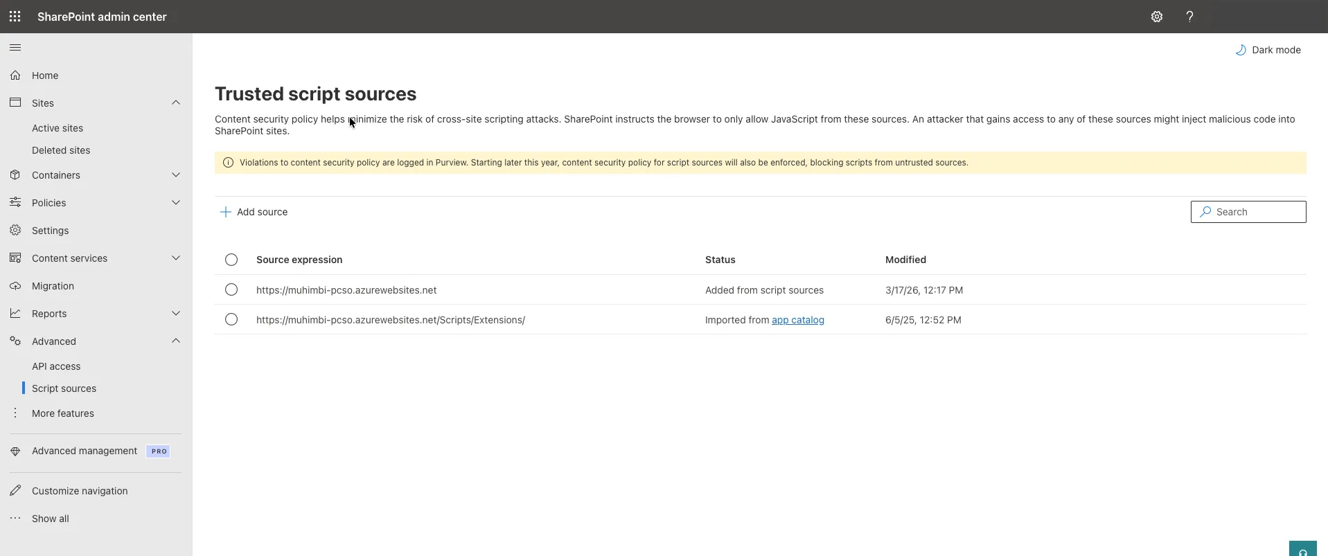 SharePoint Admin Center showing the Script sources page where trusted script sources can be added