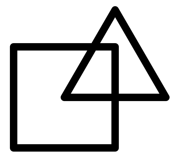 A couple of straight black lines with rounded ends — all of the same length, on a white background — that form a square and an equilateral triangle. The base of the triangle is parallel to the bottom of the square, and the left corner of the triangle sits at the center point of the square.