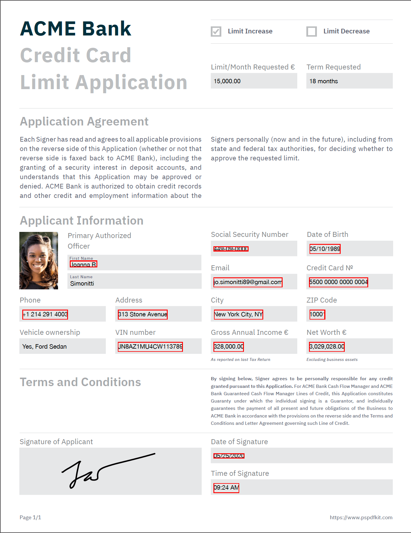Document with redaction annotations for review