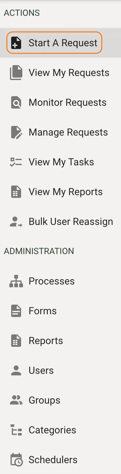 Start A Request highlighted under Actions