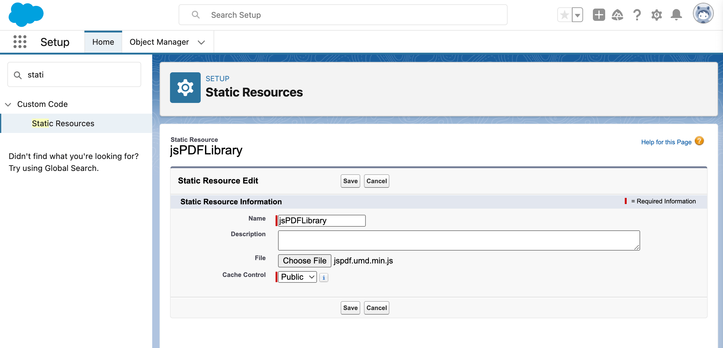 Salesforce Static Resources page showing the jsPDF library upload form with name and cache control fields