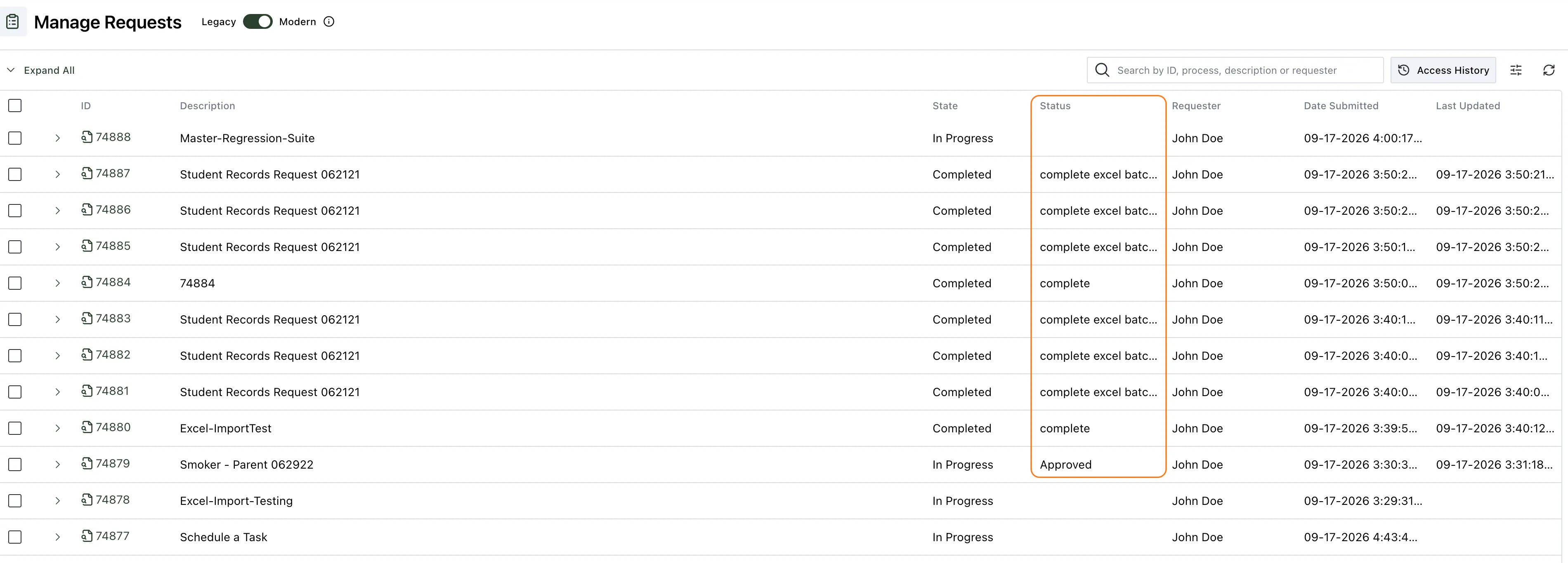 Request status display showing milestone task status updates in workflow