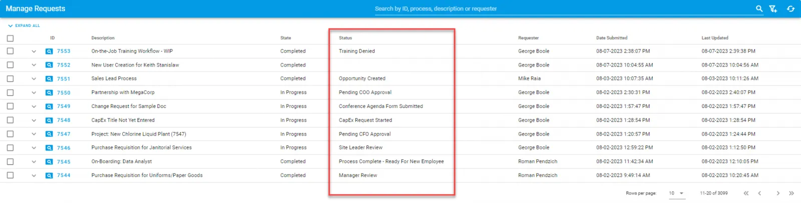 Request status display showing milestone task status updates in workflow