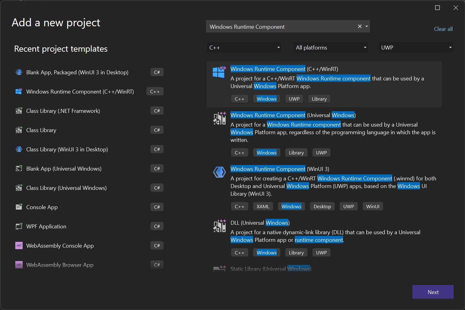 WinRT New project dialog