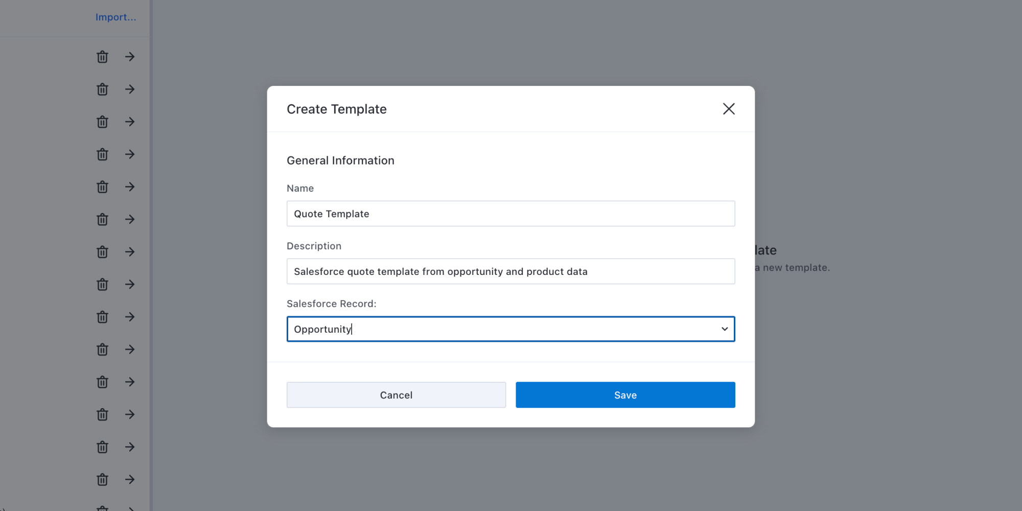 Create template dialog with Opportunity as root record