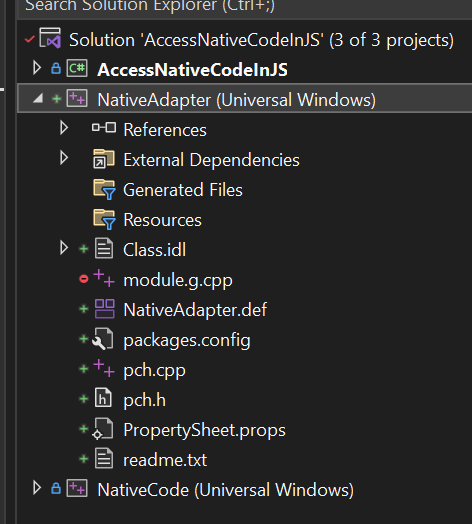Solution tree after adding NativeAdapter project