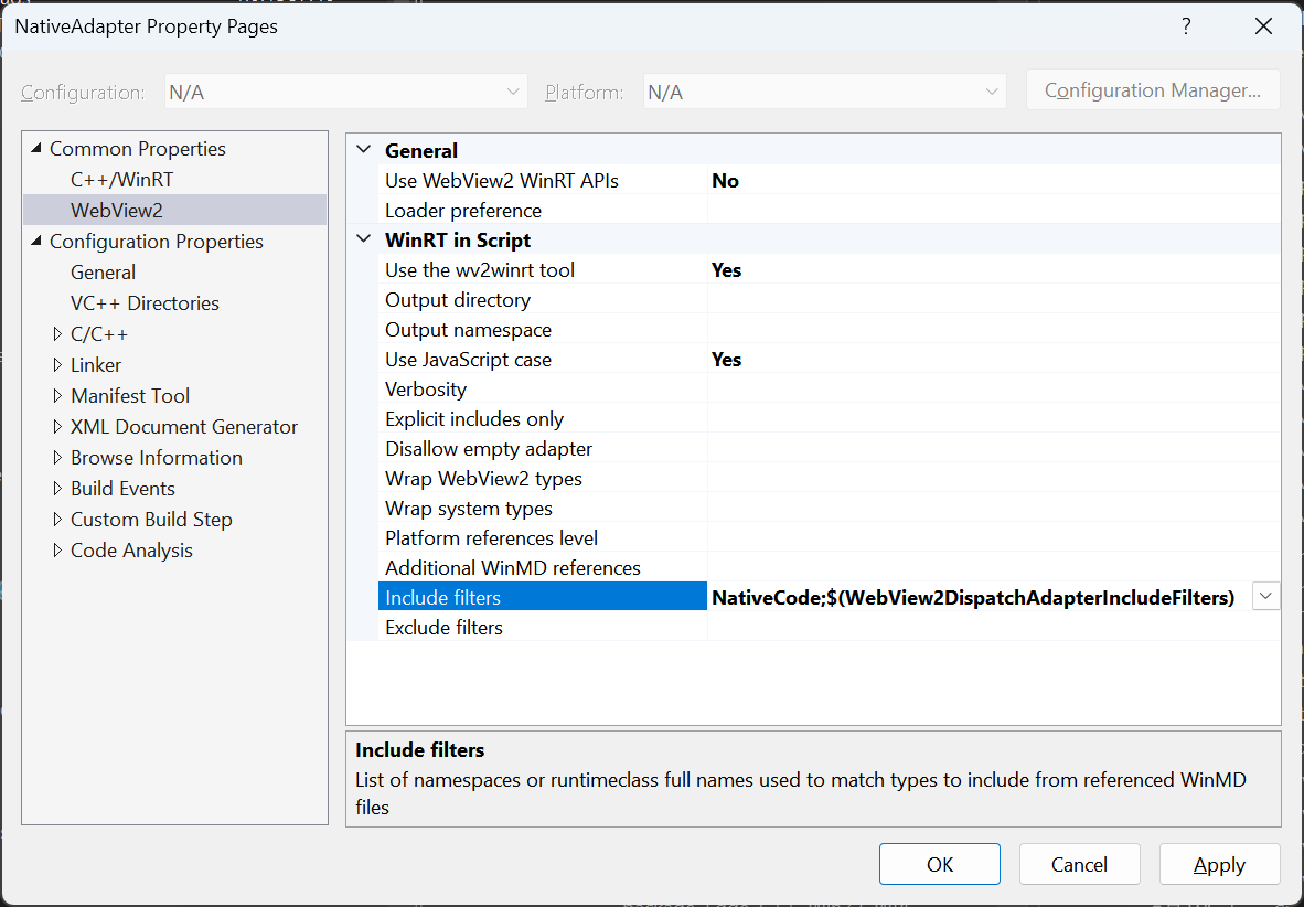 Native Adapter Property Pages dialog
