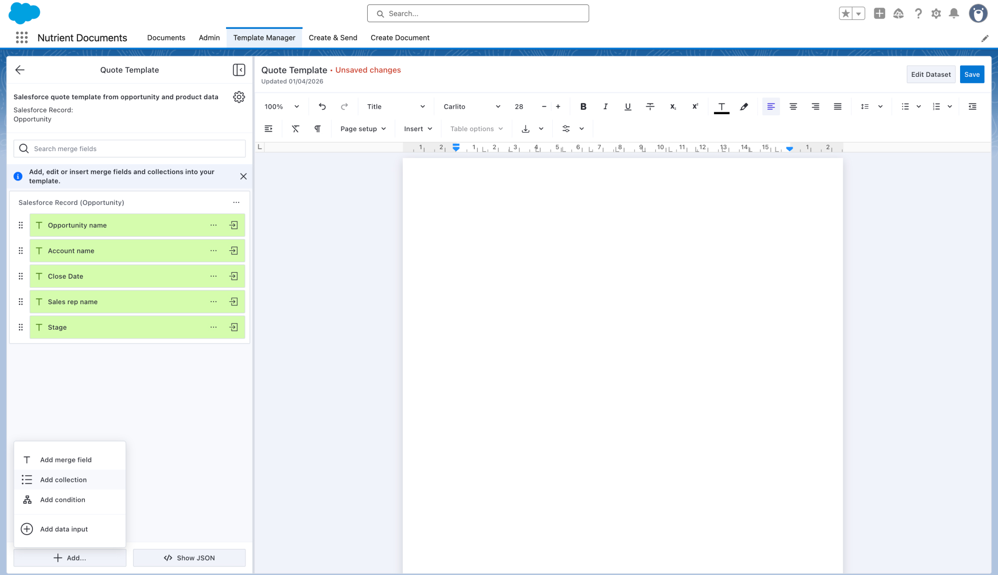 Template editor with Opportunity merge fields