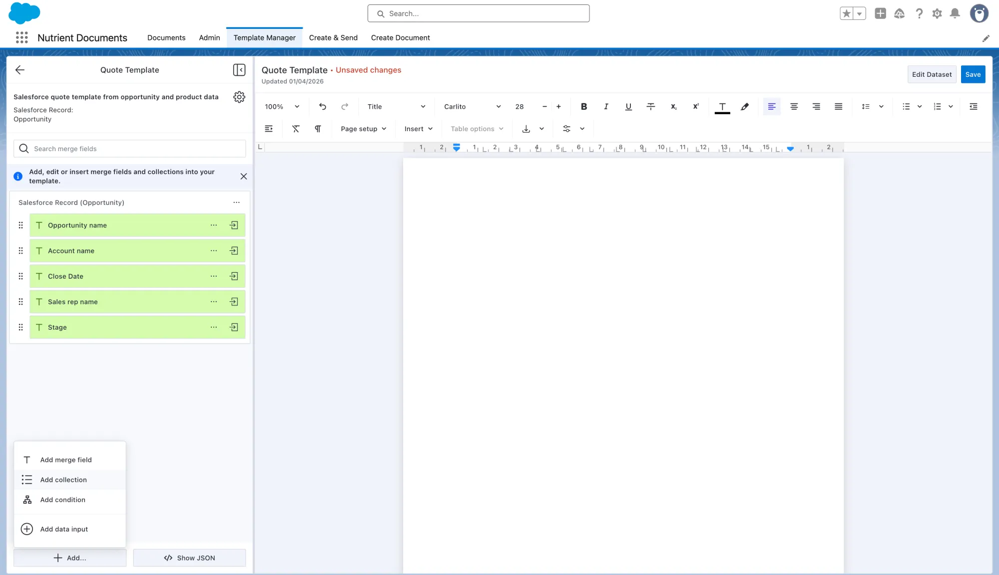 Template editor with Opportunity merge fields