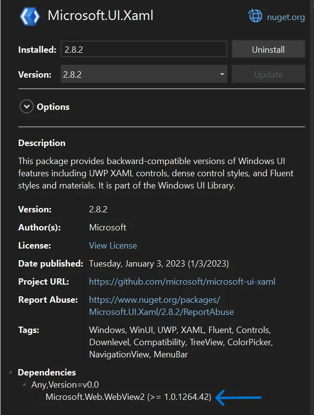 WebView2 version refered in WinUI2