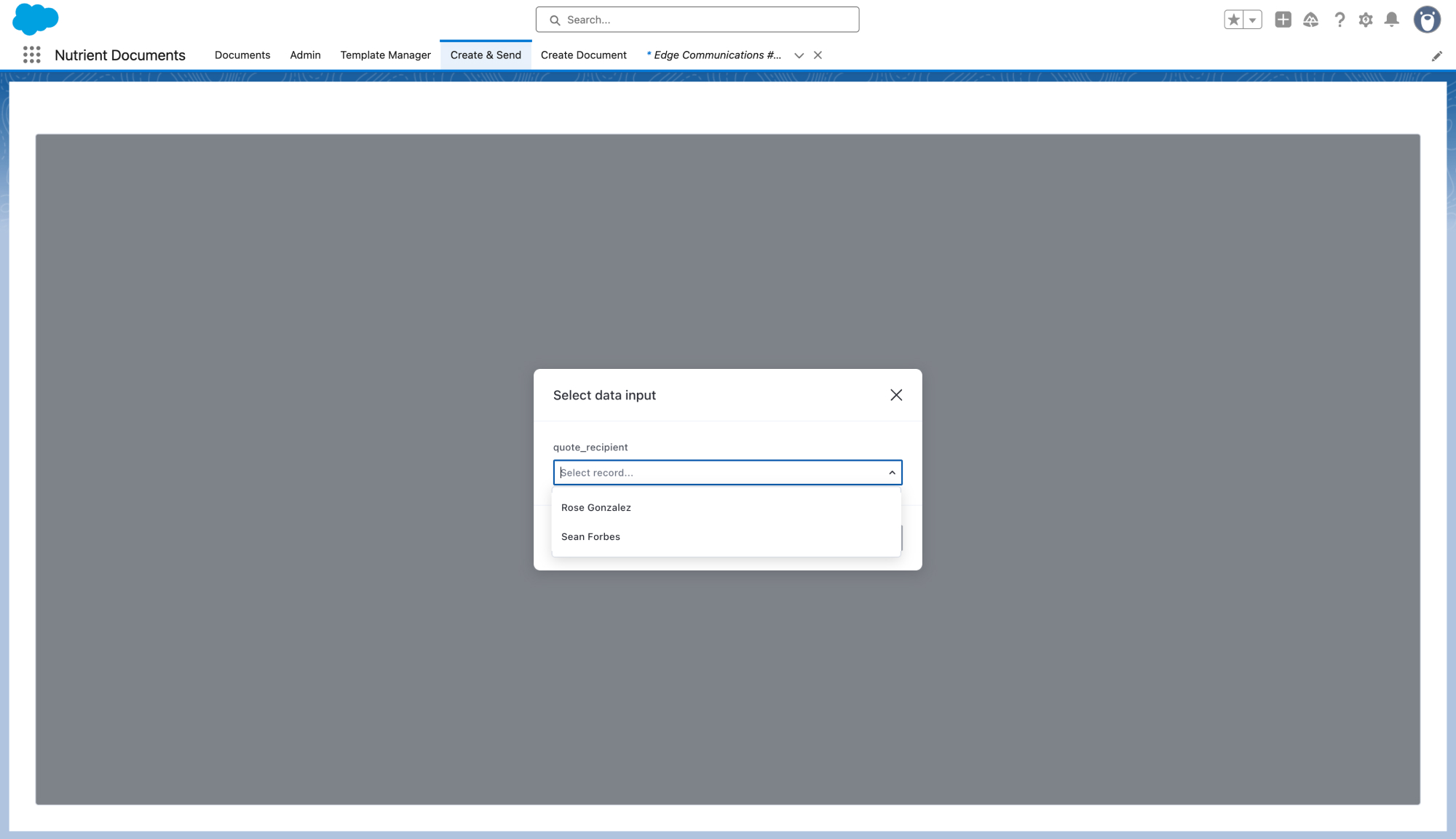 Select data input dialog for dynamic quote recipient