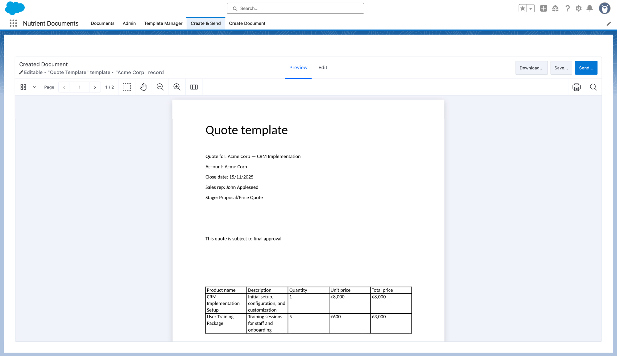 Generated quote document preview with export options