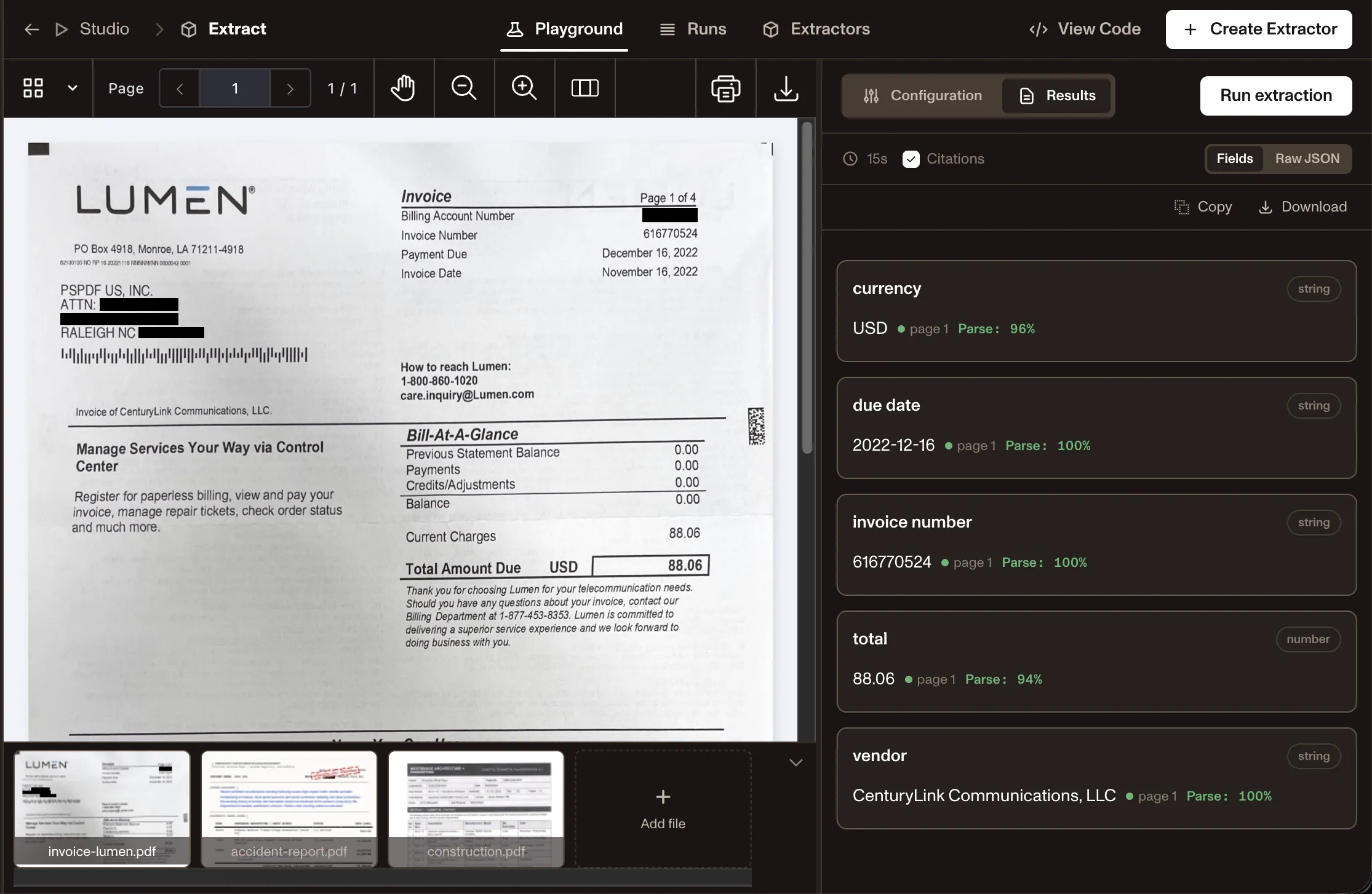 Nutrient Data Extraction Studio parsing an invoice into structured fields with per-field confidence