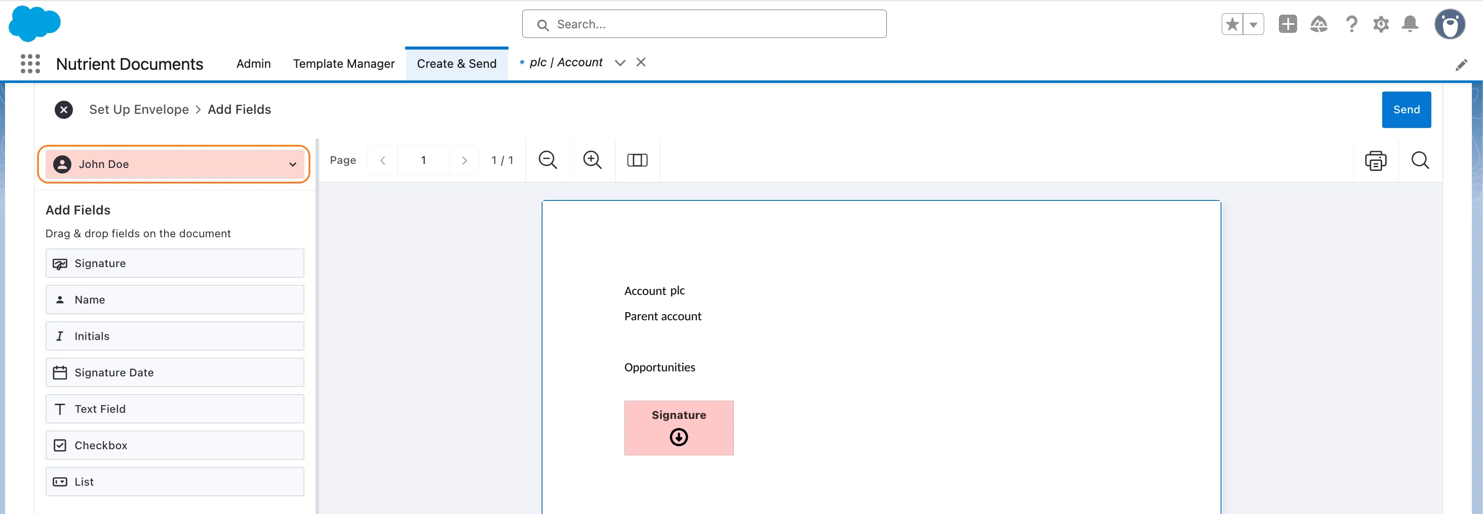 Add Fields screen showing the signer dropdown above the Add Fields section