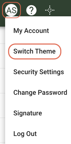 Profile menu with the Switch Theme option highlighted