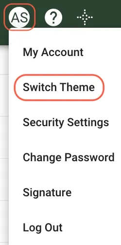 Profile menu with the Switch Theme option highlighted