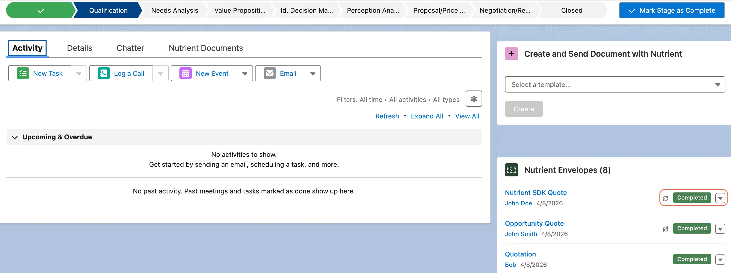 Nutrient Envelopes widget showing Completed status and highlighted Sync action