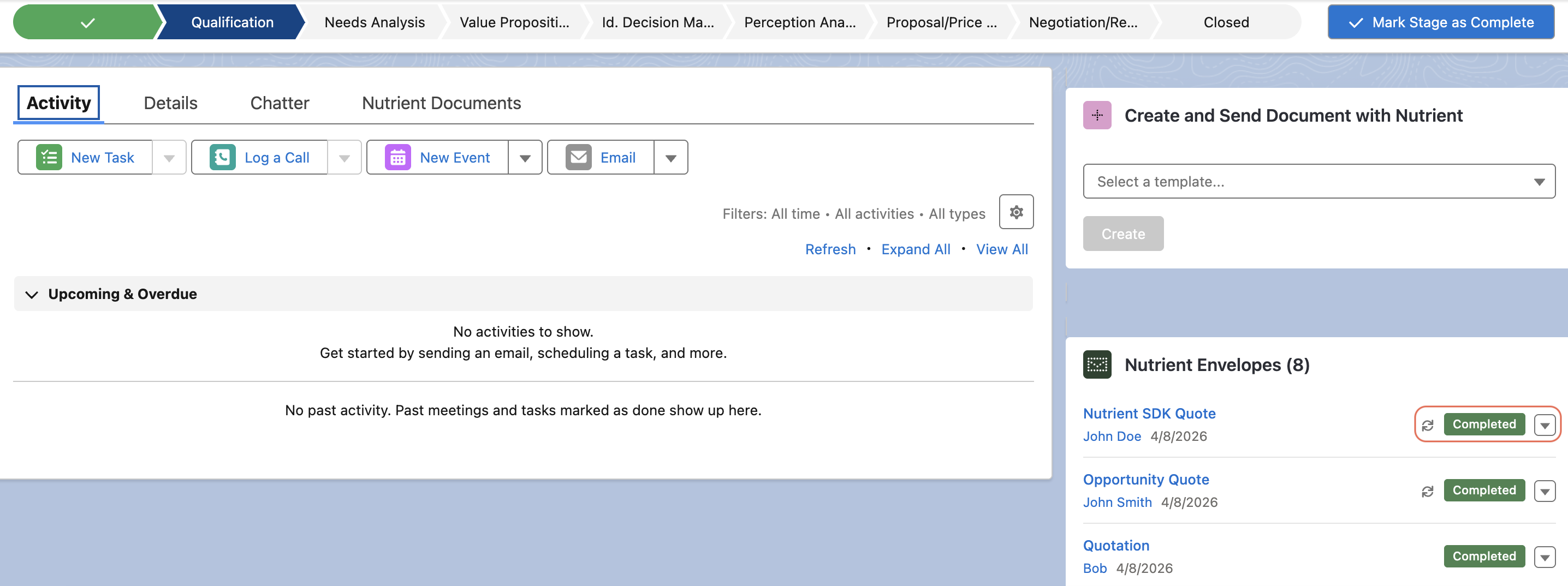 Nutrient Envelopes widget showing Completed status and highlighted Sync action