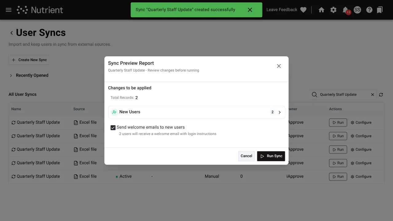 Sync preview screen showing classification counts before execution