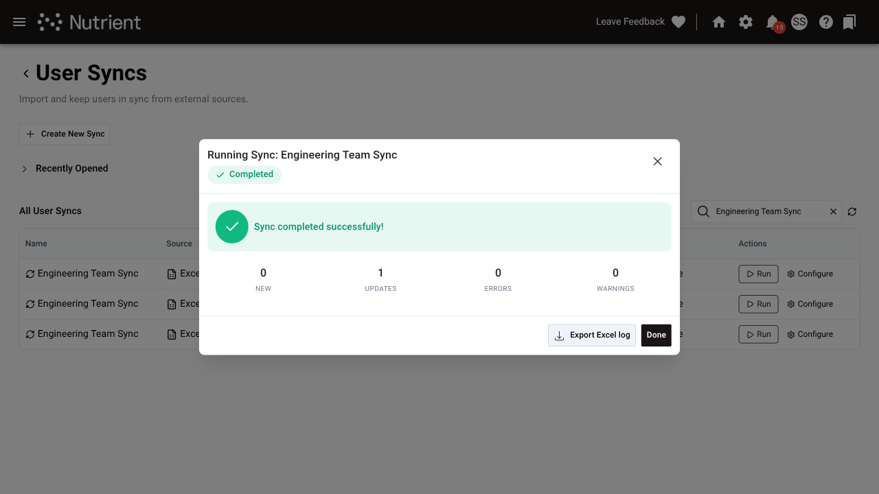 Sync results summary showing counts of added, updated, skipped, and failed users