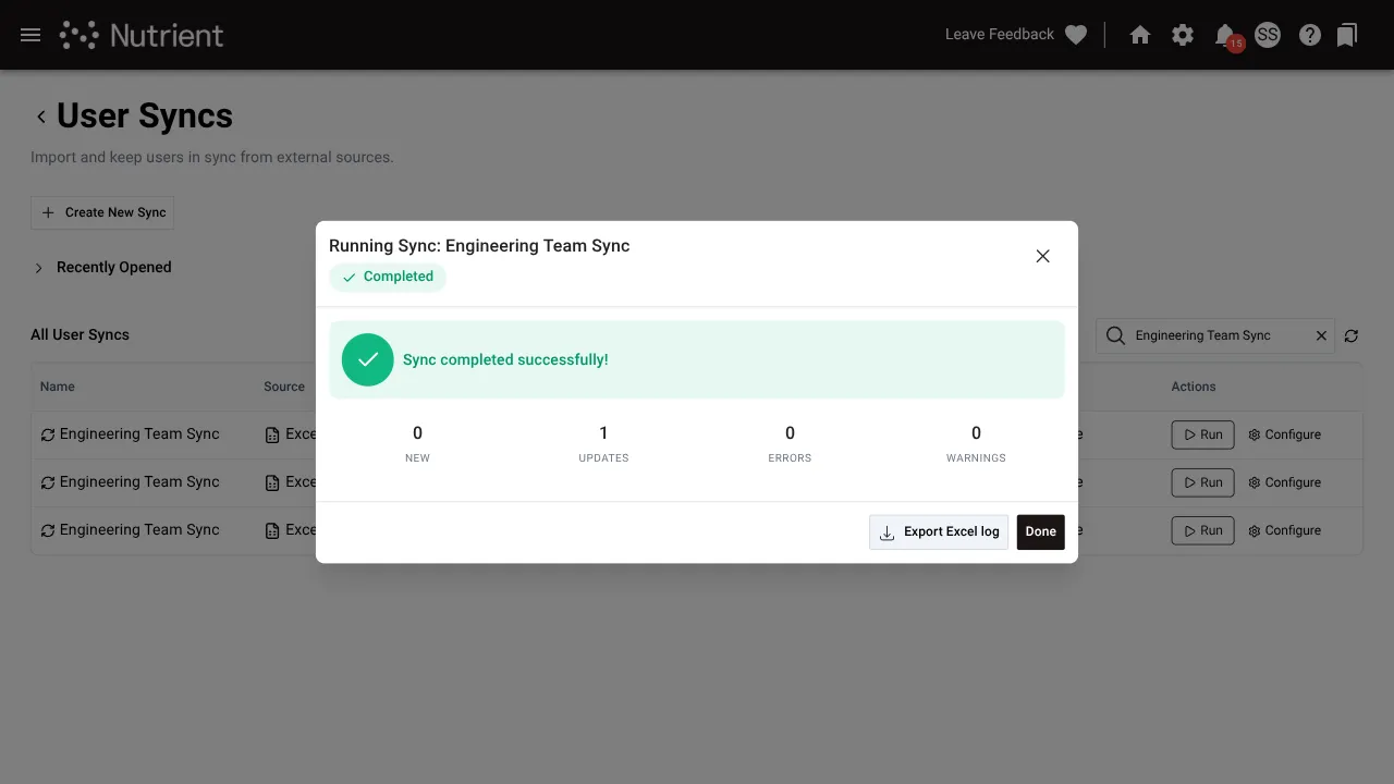 Sync results summary showing counts of added, updated, skipped, and failed users