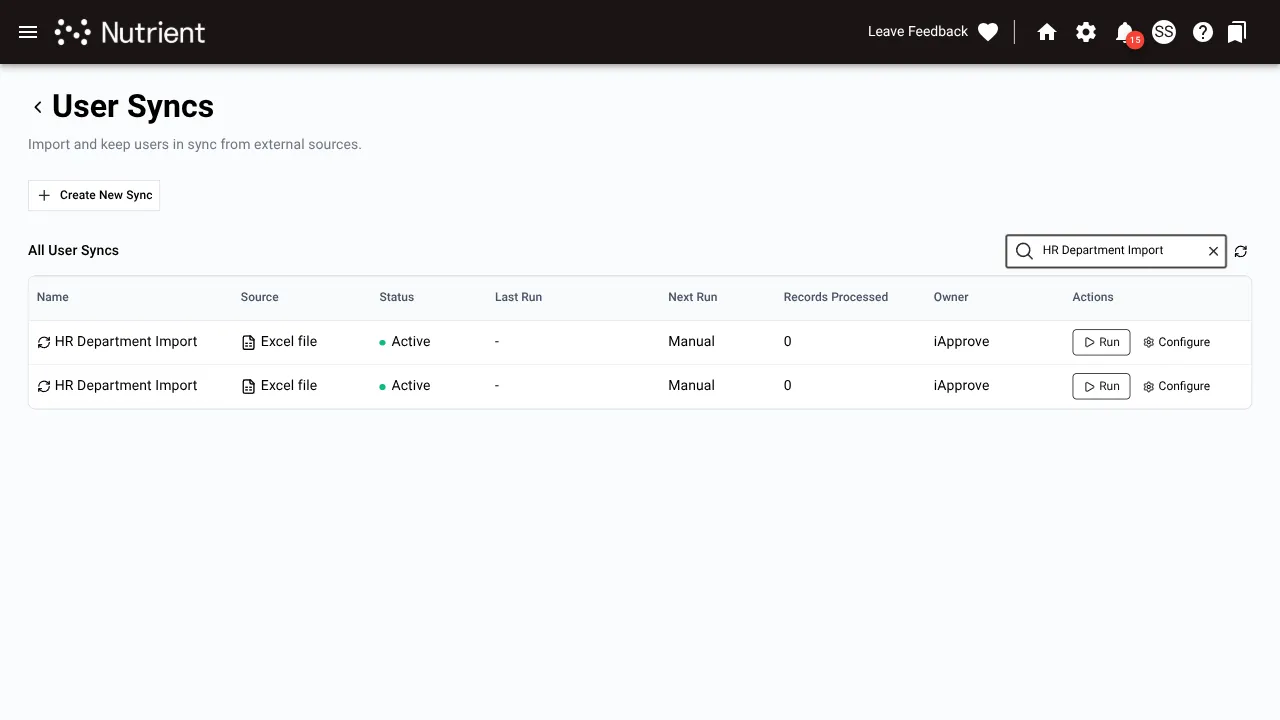 Import & Sync tab showing a list of saved user sync configurations