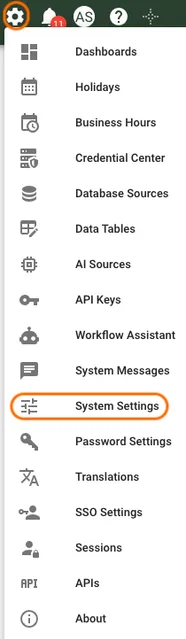 The Settings menu open in the portal with System Settings highlighted