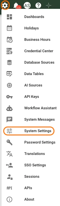 The Settings menu open in the portal with System Settings highlighted
