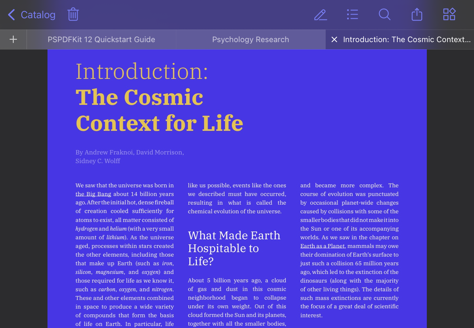 Electronic document showing a purple page titled ‘Introduction: The Cosmic Context for Life‘ with a top tab bar on a dark background