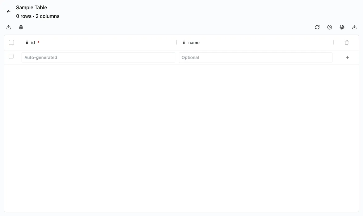 Table detail page with data grid and toolbar